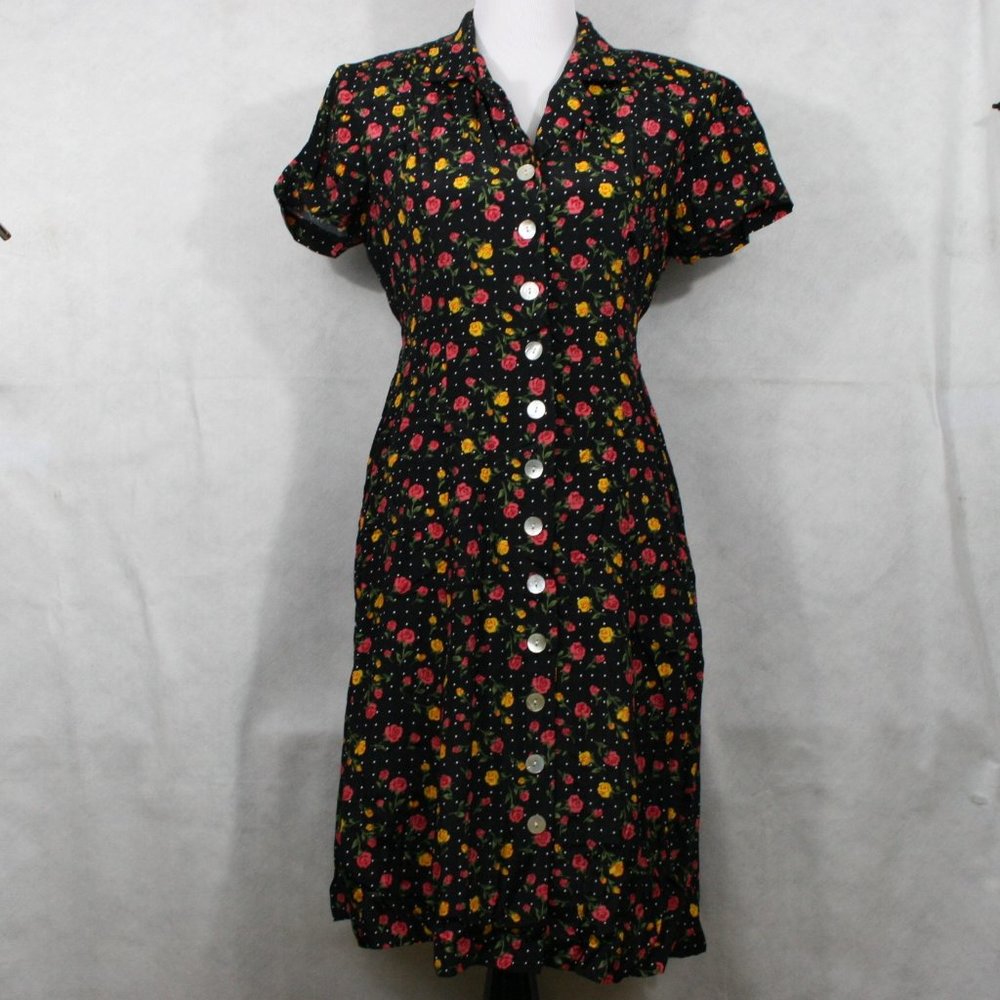 Vintage 50’s DJI Black Rayon Floral Midi Dress w/ Drawstring Belt SZ 10 EUC